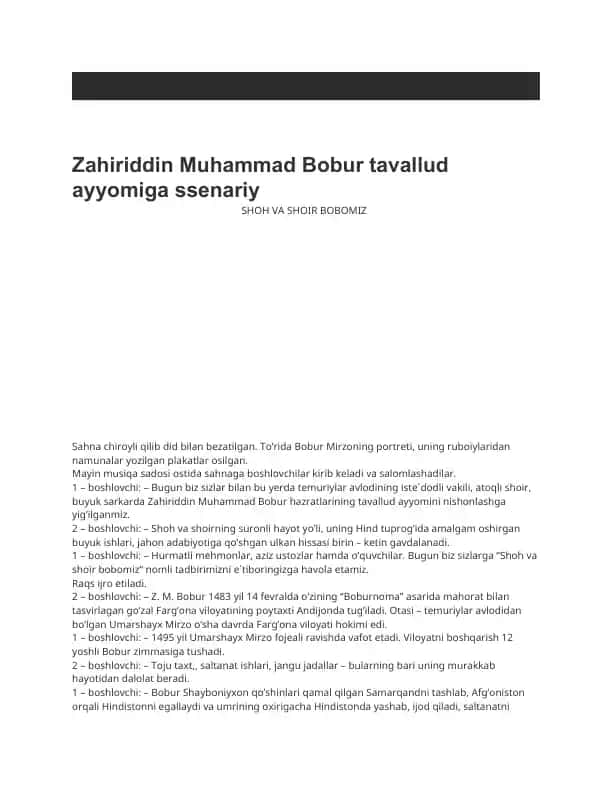 Zahiriddin Muhammad Bobur tavallud ayyomiga ssenariy