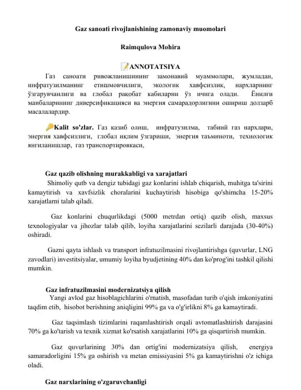 Gaz sanoati rivojlanishining zamonaviy muomolari