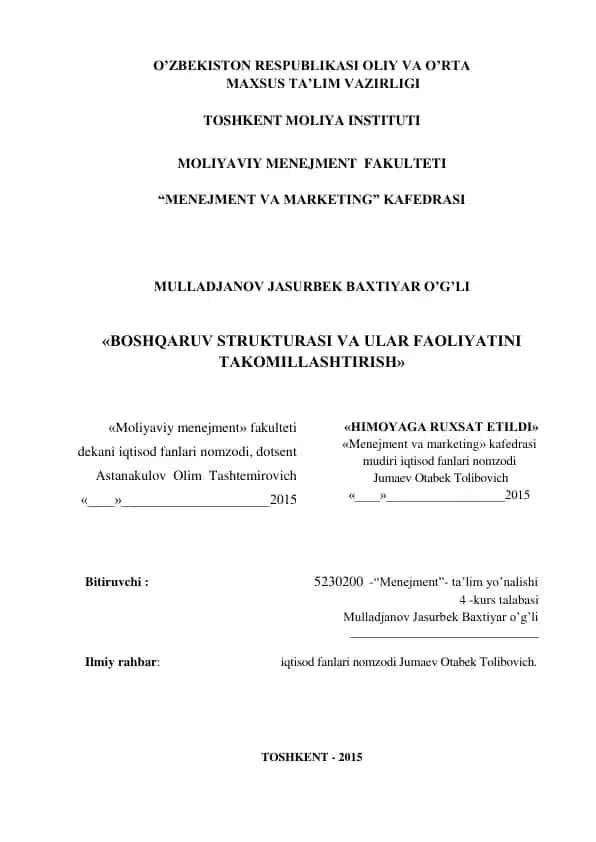Boshqaruv strukturasi va ularga faoliyatini takomillashtirish