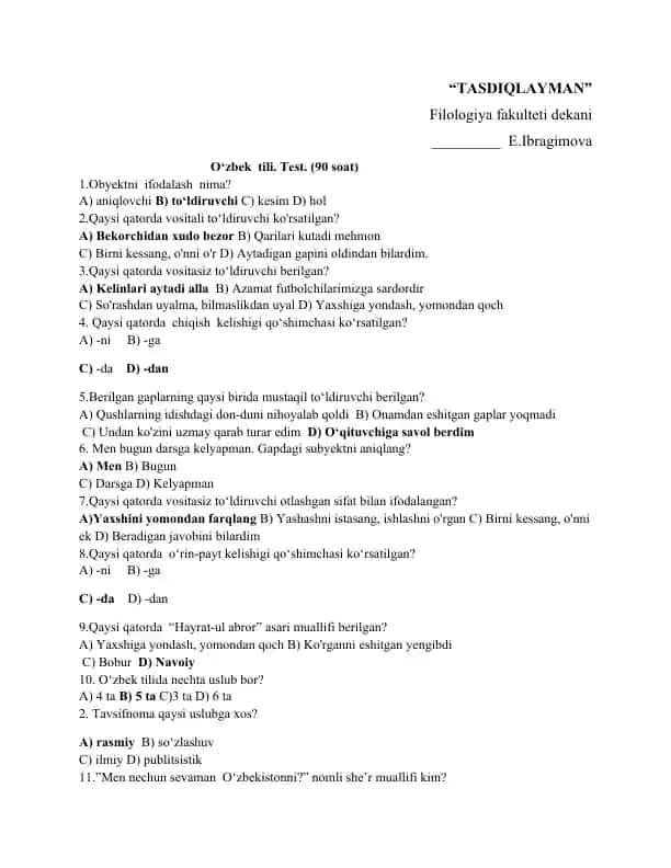 O'zbek tili. Test