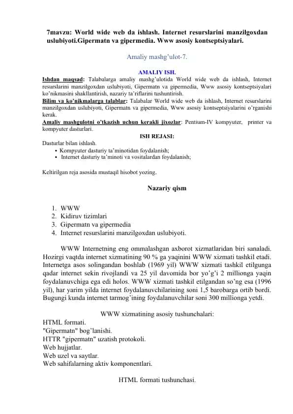 World wide web da ishlash. Internet resurslarini manzilgoxdan uslubiyoti.Gipermatn va gipermedia. Www asosiy kontseptsiyalari.