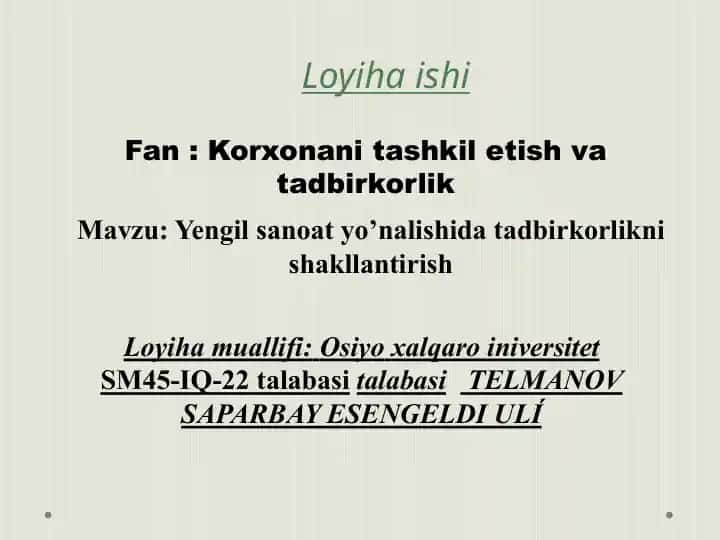 Korxonani tashkil etish va tadbirkorlik loyihasi