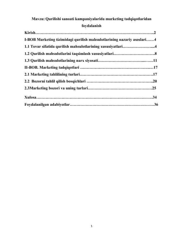 Qurilish mahsulotlarining Marketing Tadqiqotlari