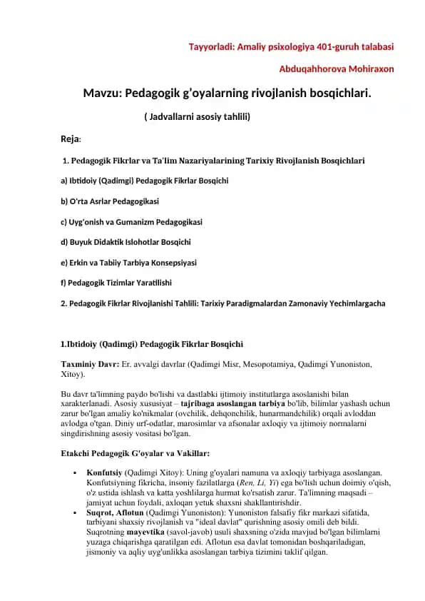 Pedagogik g’oyalarning rivojlanish bosqichlari