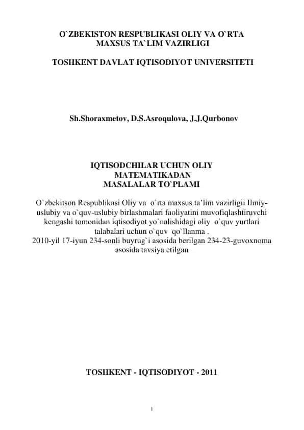Iqtisodchilar uchun Oliy Matematikadan Masalalar To`plami