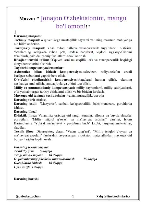Mustaqillik bayramiga oid dars materiallari