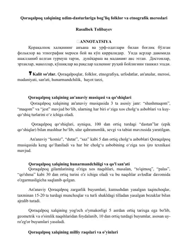 Qoraqalpoq xalqining udim-dasturlari, folklor va etnografik meroslari