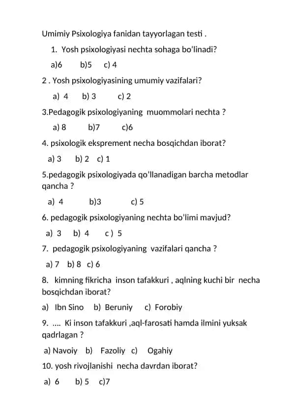 Umimiy Psixologiya testi