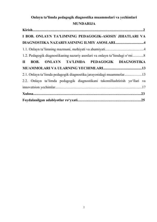 Onlayn ta'limda pedagogik diagnostika muammolari va yechimlari