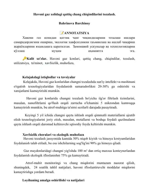 Havoni gaz xolidagi qattiq chang chiqindilarini tozalash