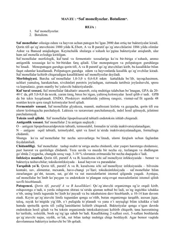 Sal`monellyozlar va Botulizm
