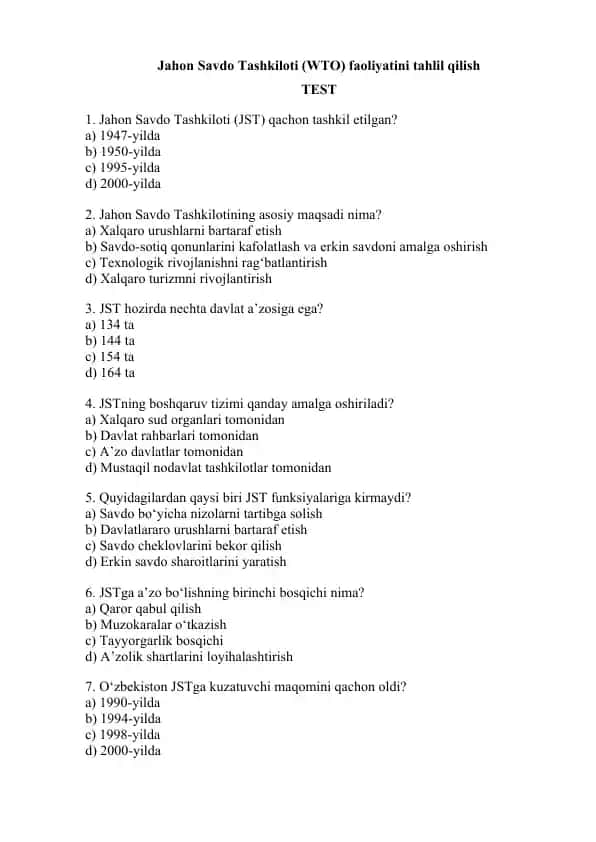 Jahon Savdo Tashkiloti tahlili