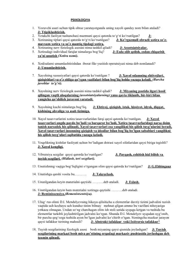 Psixologiya savollar