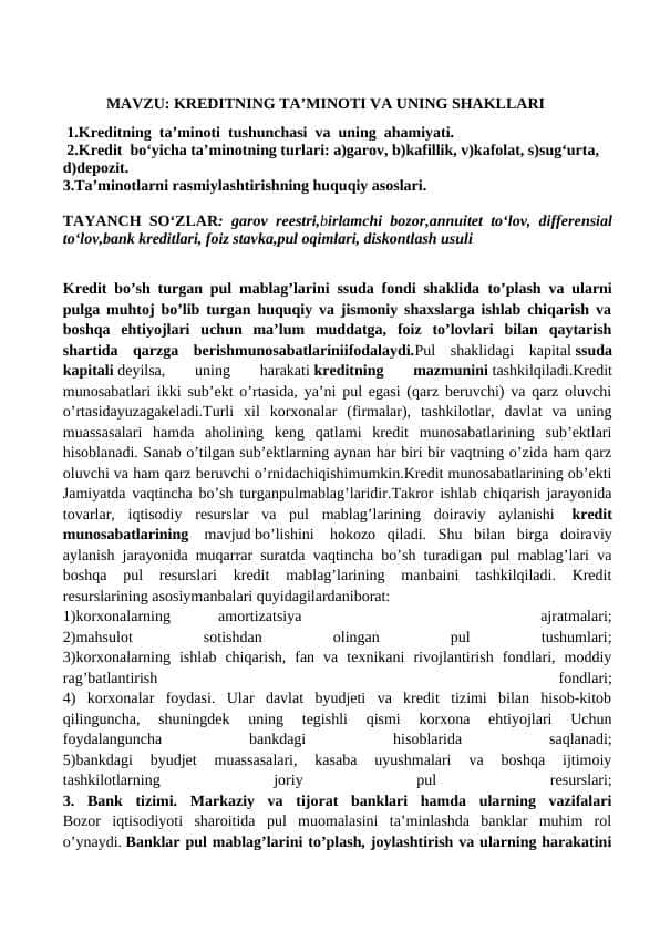 Kreditning ta’minoti va uning shakllari