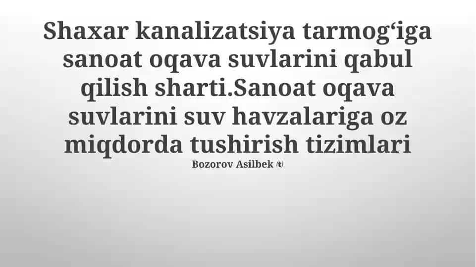 Sanoat Chiqindi Suvlarini Qabul Qilish Me'zonlari