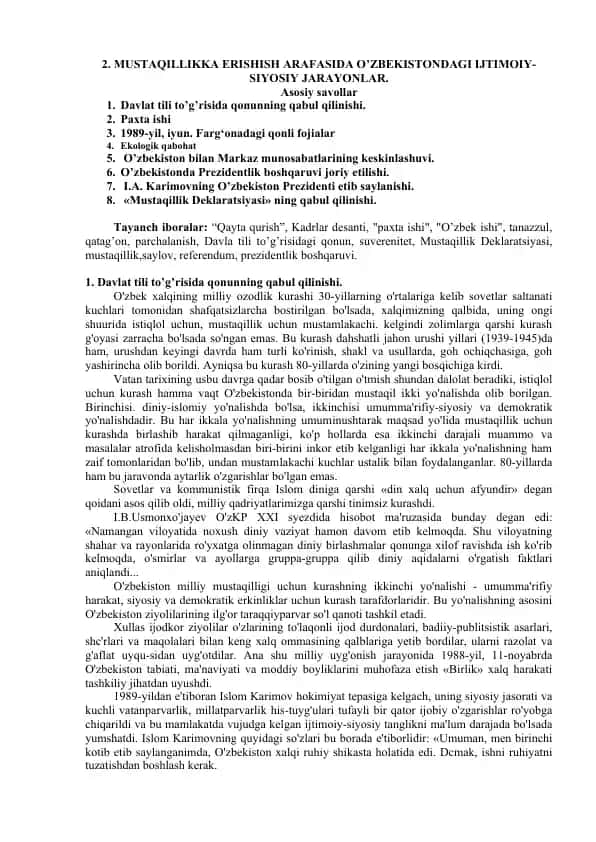 Mustaqillikka Erishish Arafasida O‘zbekistondagi Ijtimoiy-Siyosiy Jarayonlar