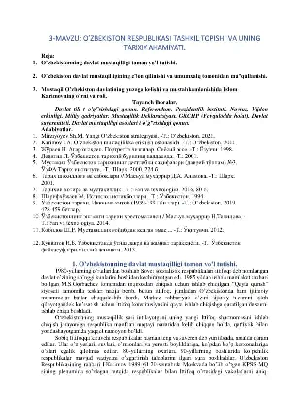 O’ZBEKISTON RESPUBLIKASI TASHKIL TOPISHI VA UNING TARIXIY AHAMIYATI