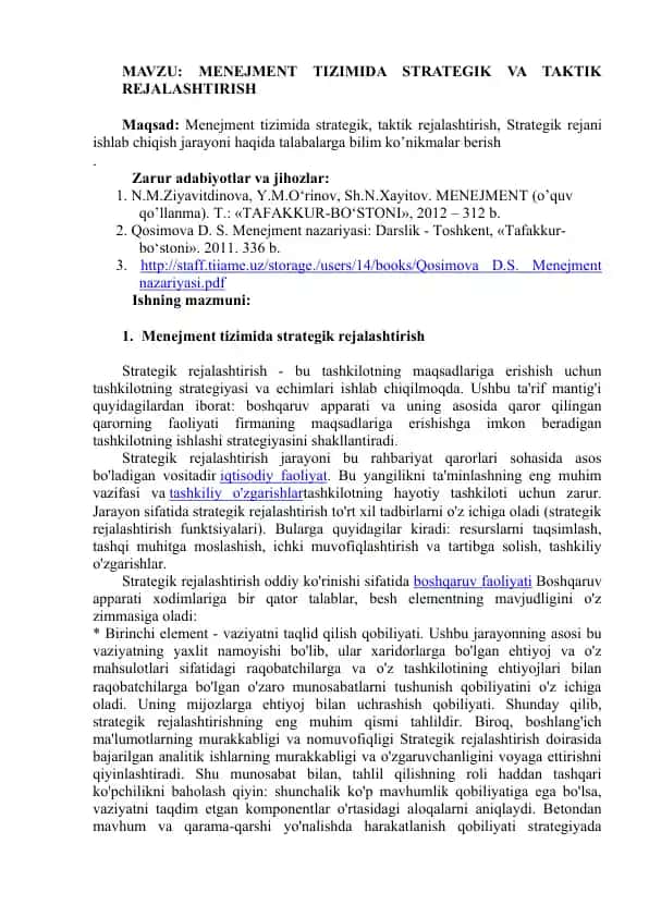 MENEJMENT TIZIMIDA STRATEGIK VA TAKTIK REJALASHTIRISH
