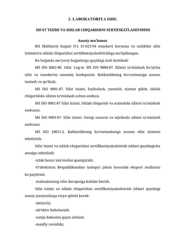 LABORATORIYA ISHI: SIFAT TIZIMI VA ISHLAB CHIQARISHNI SERTIFIKATLASHTIRISH