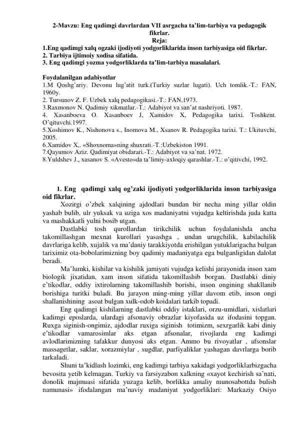 Eng qadimgi xalq og'zaki ijodiyoti yodgorliklarida inson tarbiyasiga oid fikrlar