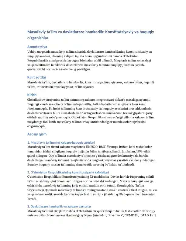 Masofaviy ta’lim va davlatlararo hamkorlik: Konstitutsiyaviy va huquqiy o‘rganishlar