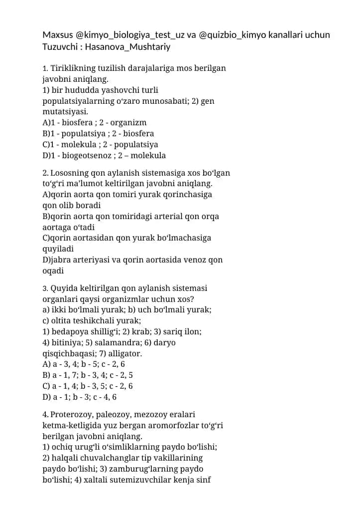 Kimyo-Biologiya Test javoblari