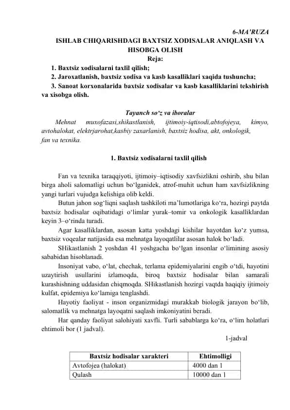 Baxtsiz Xodisalar Aniqlash va Hisobga Olishtirish