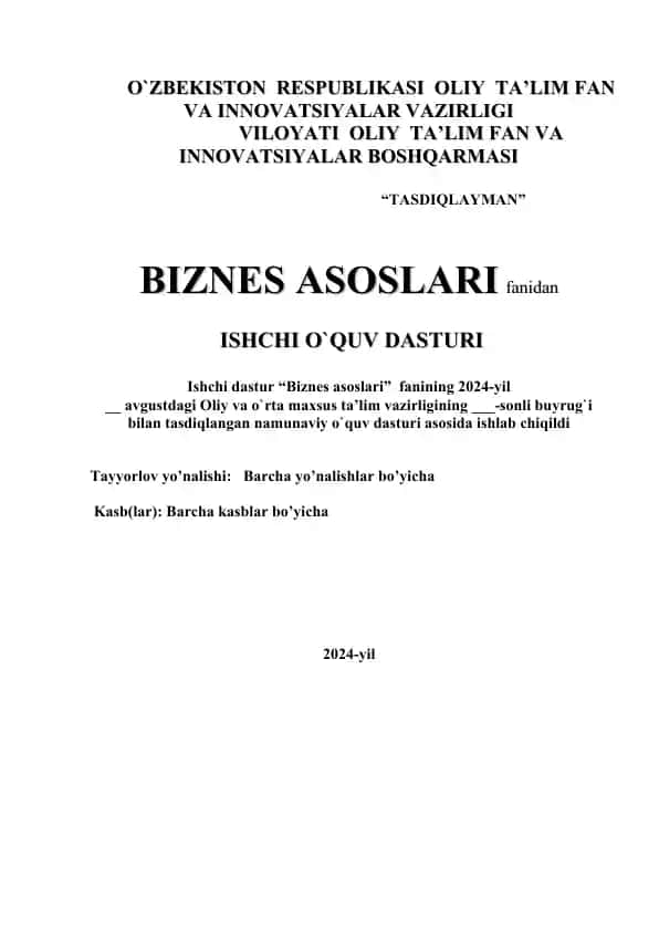 Ishchi O'quv Dasturi - Biznes Asoslari