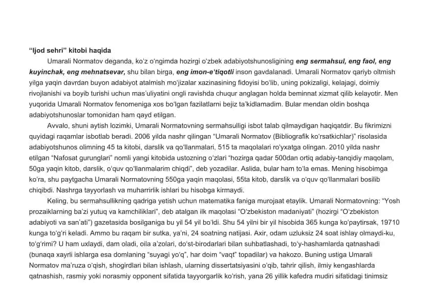 Umarali Normatovning "Ijod sehri" kitobi