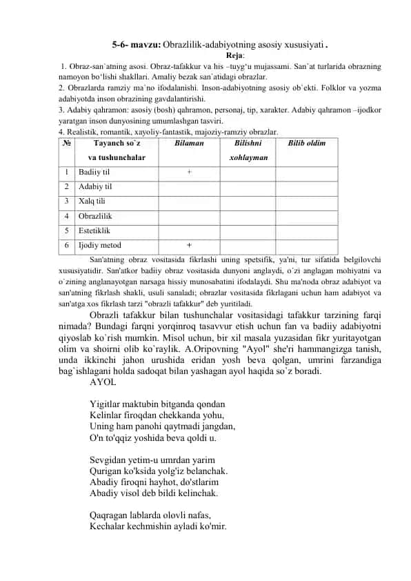Obrazlilik-adabiyotning asosiy xususiyati