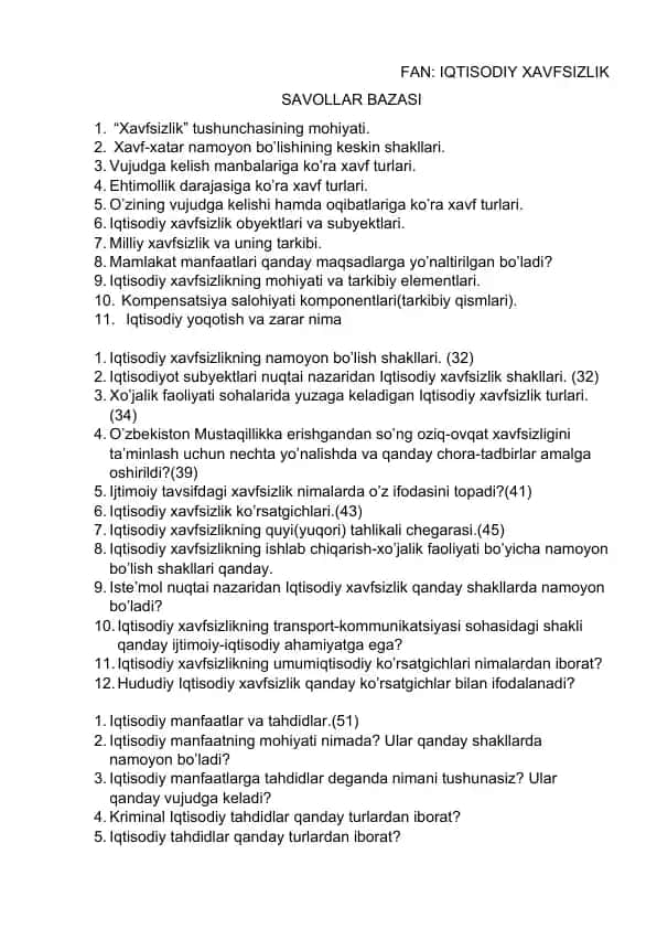 FAN: IQTISODIY XAVFSIZLIK SAVOLLAR BAZASI