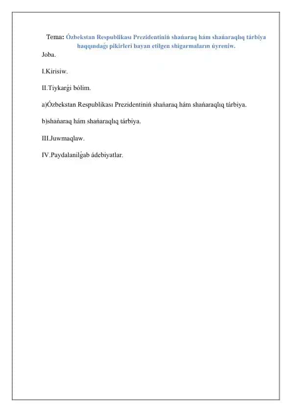 Ózbekstan Respublikası Prezidentiniń shańaraq hám shańaraqlıq tárbiya haqqında pikirlari