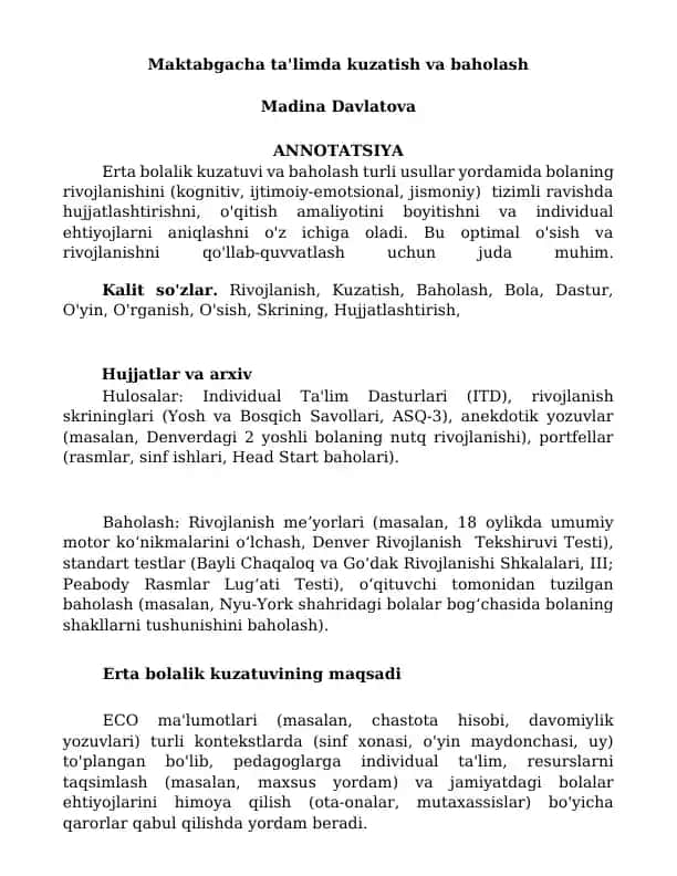 Maktabgacha ta'limda kuzatish va baholash