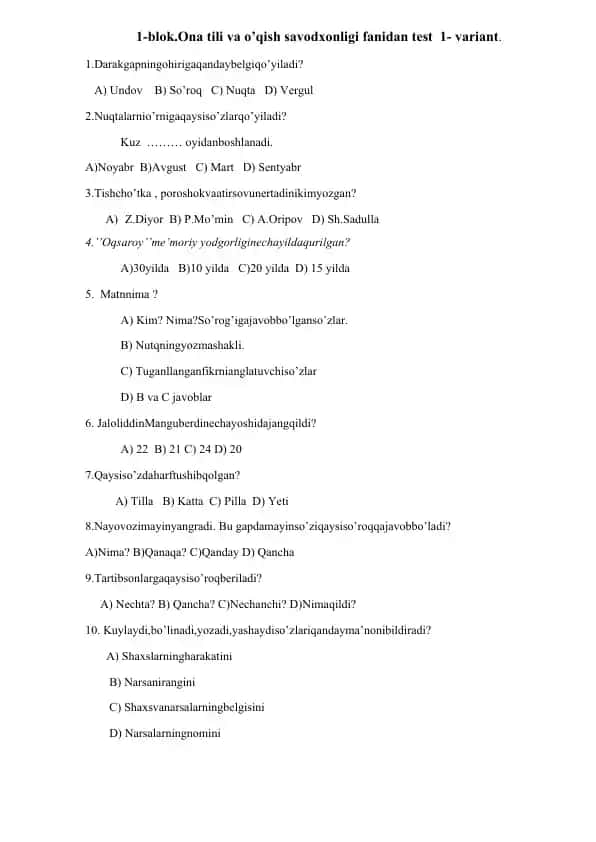 Ona tili va o’qish savodxonligi fanidan test 1-variant