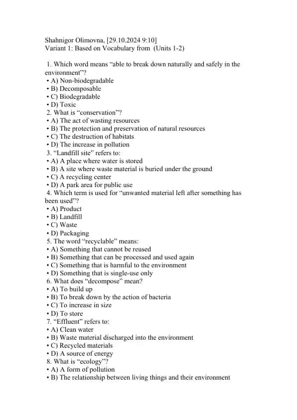 Environmental Science Vocabulary Quiz