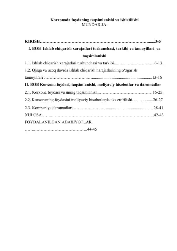 Korxonada foydaning taqsimlanishi va ishlatilishi
