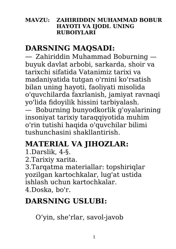 Zahiriddin Muhammad Bobur hayoti va ijodi