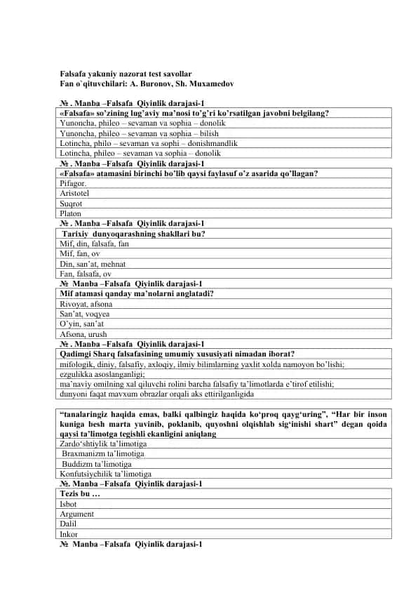 Falsafa yakuniy nazorat test savollar