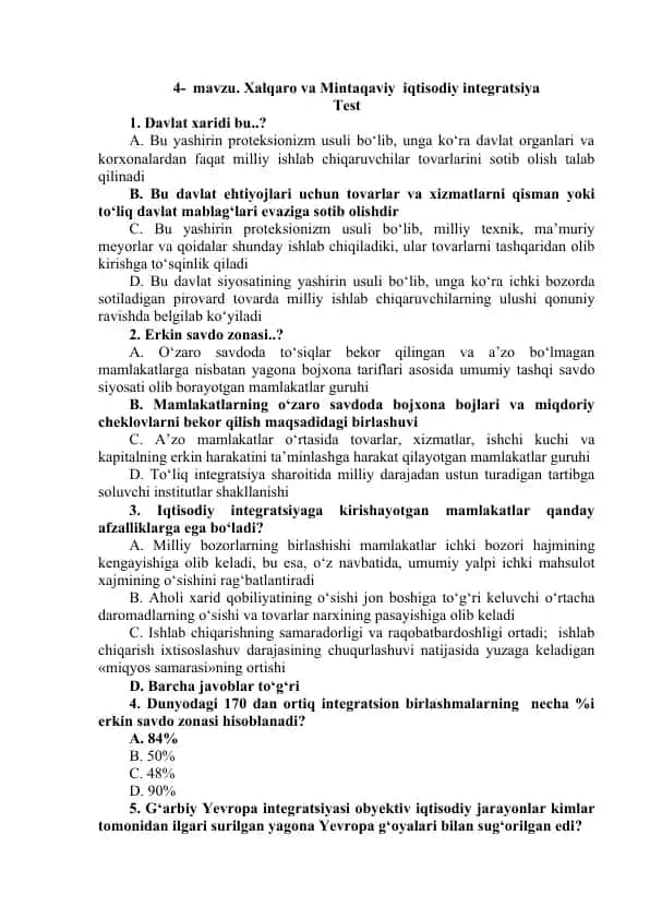 Xalqaro va Mintaqaviy iqtisodiy integratsiya