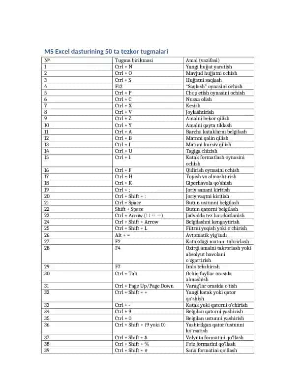 MS Excel dasturining 50 ta tezkor tugmalari