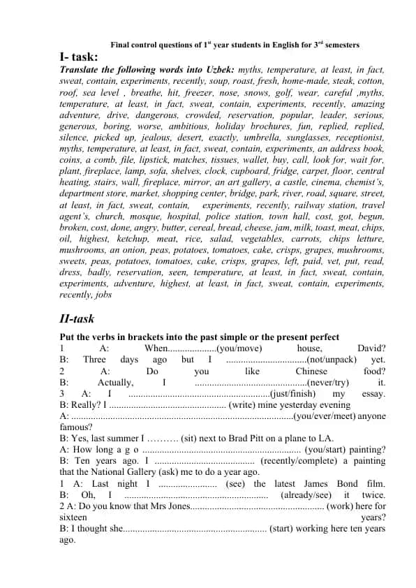 Final control questions of 1st year students in English for 3rd semesters