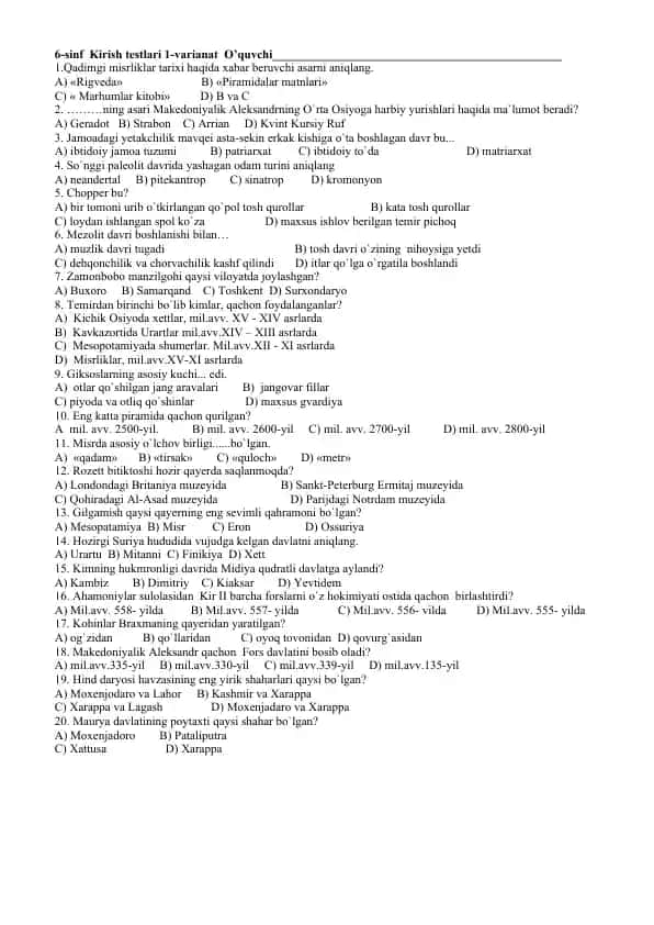 6-sinf Kirish testlari 1-variant