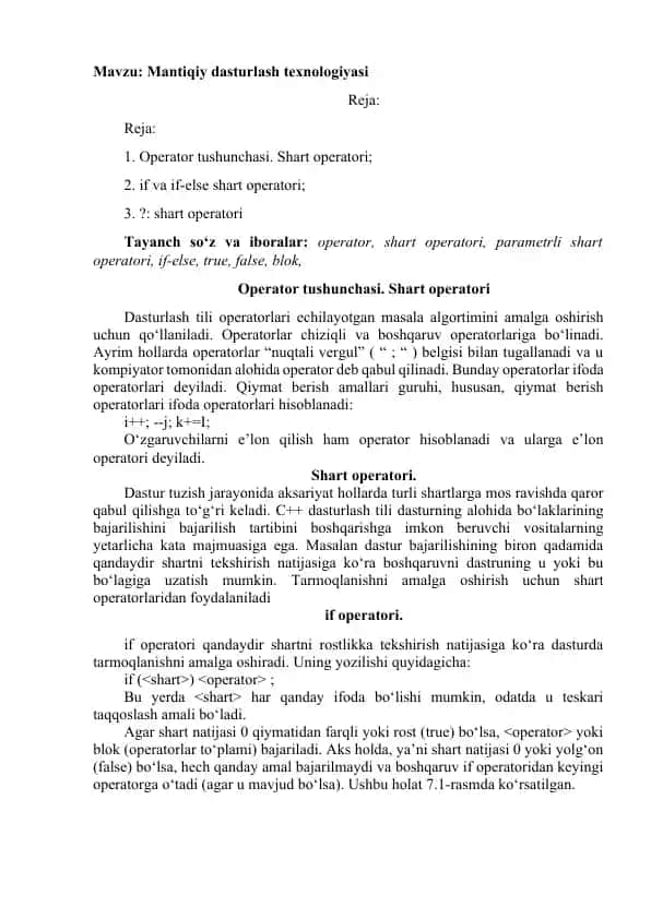 Operator tushunchasi. Shart operatori