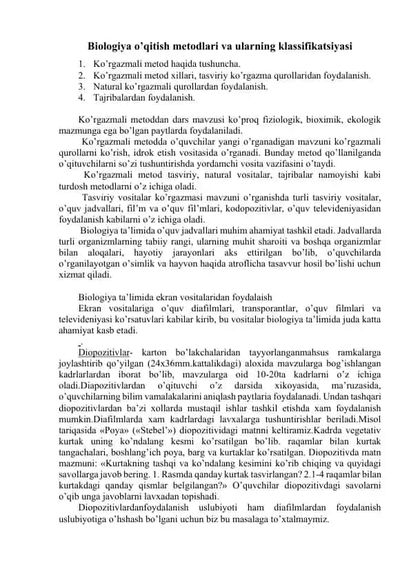 Biologiya o’qitish metodlari va ularning klassifikatsiyasi