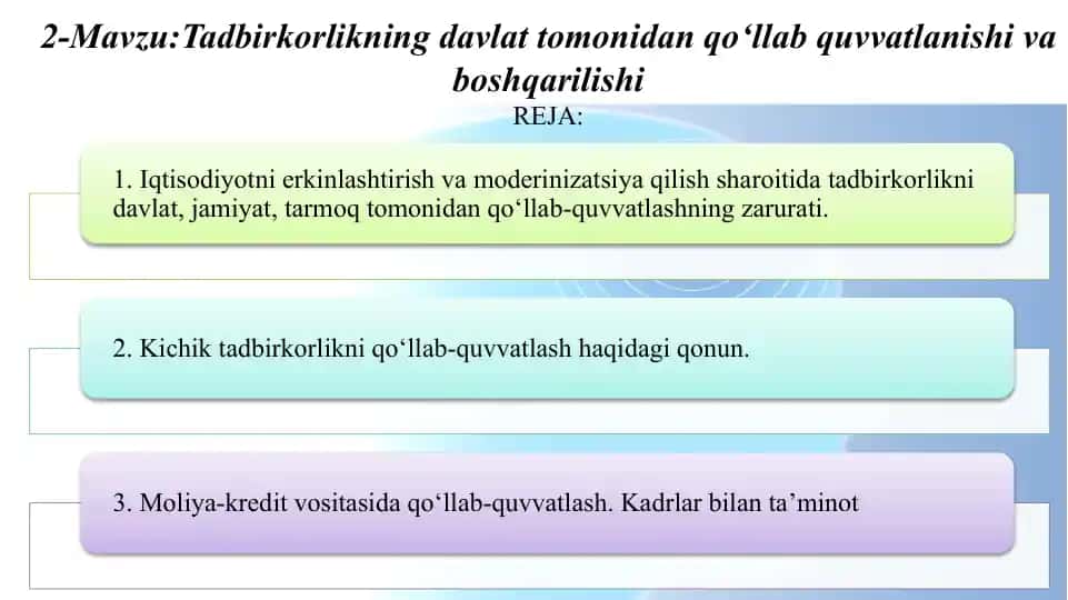 Tadbirkorlikning davlat tomonidan qo‘llab-quvvatlanishi va boshqarilishi