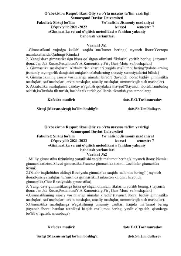 Gimnastika va uni o’qitish metodikasi