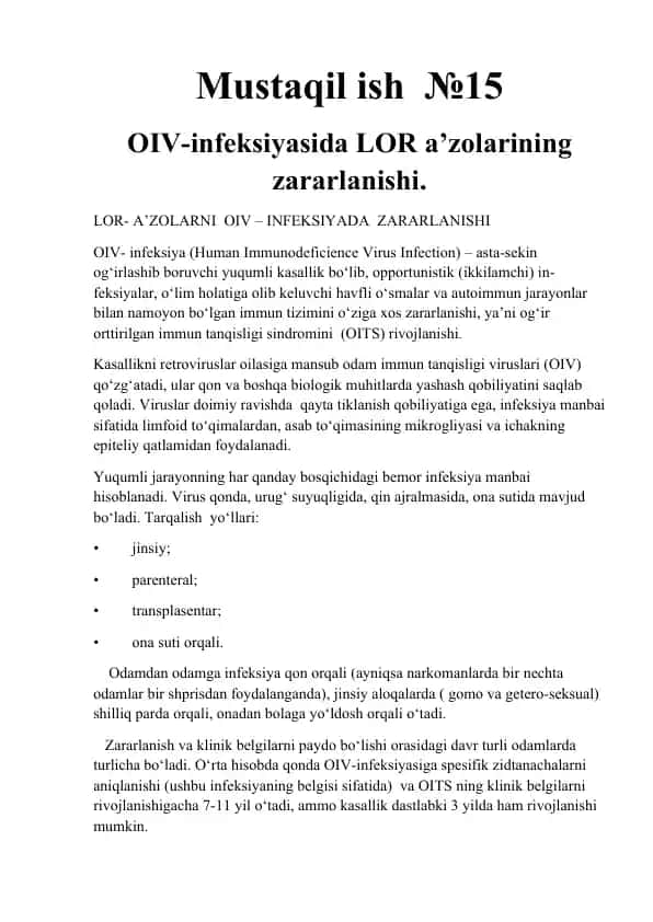OIV-infeksiyasida LOR a’zolarining zararlanishi