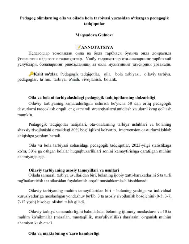 Pedagog olimlarning oila va oilada bola tarbiyasi yuzasidan o'tkazgan pedagogik tadqiqotlar