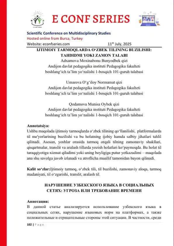IJTIMOIY TARMOQLARDA OʻZBEK TILINING BUZILISHI: TAHDIDMI YOKI ZAMON TALABI