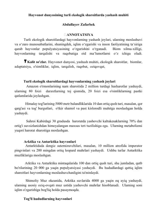Hayvonot dunyosining turli ekologik sharoitlarda yashash muhiti